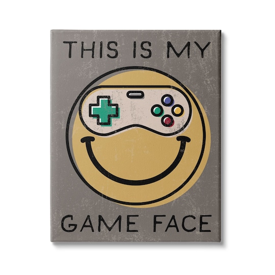 Stupell Industries My Game Face Phrase Yellow Smiley Retro Controller Canvas Wall Art